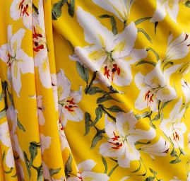 Krepdešín imitace hedvábí květy lilie žlutý