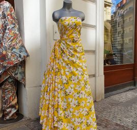 Krepdešín imitace hedvábí květy lilie žlutý