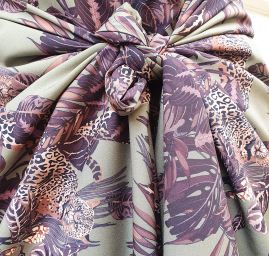 Krepdešín imitace hedvábí vzor listy/ocelot