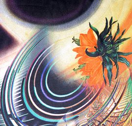 Satén motiv květů v zářivých barvách tm. modrá