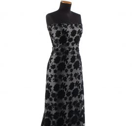 Pružná krajka sametová výšivka na tylu květy černá II. jakost