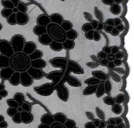 Pružná krajka sametová výšivka na tylu květy černá II. jakost
