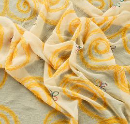 Krep šifon výšivka velká spirála žlutá  III.jakost