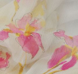 Hedvábný plisovaný šifón vzor kosatců II.jakost