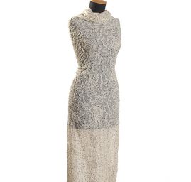 Šifon puntík stužková aplikace slonová kost/tm.modrá