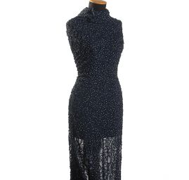 Šifon puntík stužková aplikace slonová kost/tm.modrá