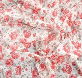 Jemný pružný šifon vzor růže na bílém