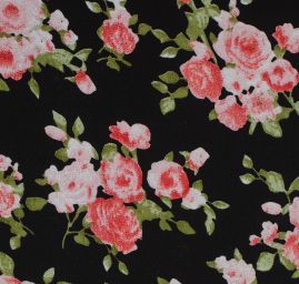 Jemný pružný šifon vzor růže na černém
