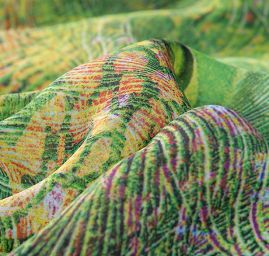 Šifon vzor paví pera digitální tisk zelená