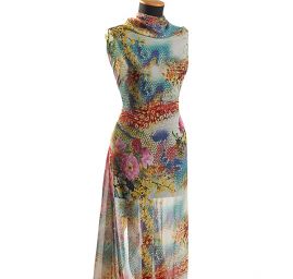 Jemný šifon nevšední květinový vzor tyrkys