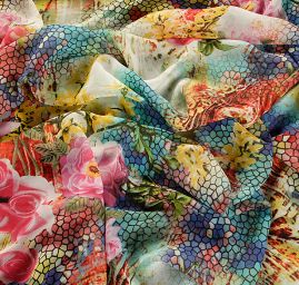 Jemný šifon nevšední květinový vzor tyrkys