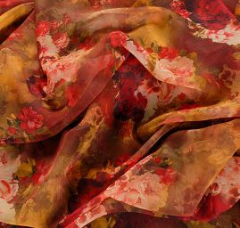 Jemný šifon motiv růží v pastelových barvách  hnědá