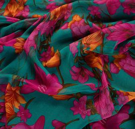 Šifon motiv velkých květů tyrkysová