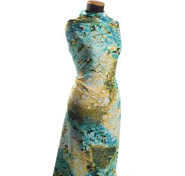 Viskozová letní látka digitální tisk květy tyrkysová