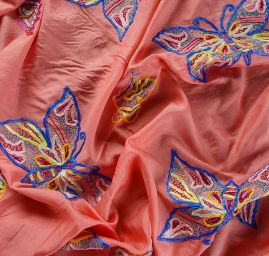 Hedvábné ponge výšivka motýlci  růžovolososová