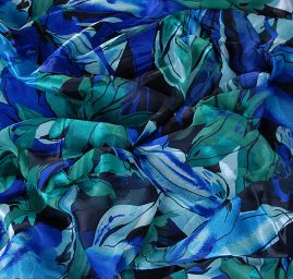 Hedvábný šifon květinový motiv modrozelený