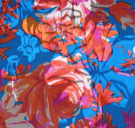 Hedvábný šifon květinový motiv oranžovomodrý