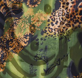 Hedvábný šifon zvířecí/květinový motiv zelenozlatý