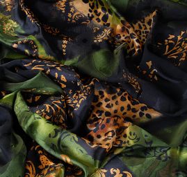 Hedvábný šifon zvířecí/květinový motiv zelenozlatý