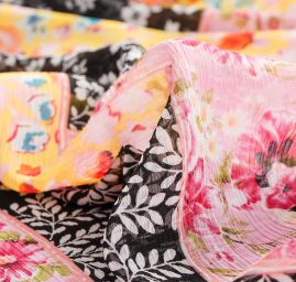 Šifon plisé květinový motiv patchwork růžová