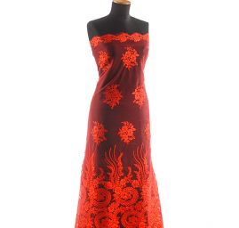 Krajka bordurová na tylu květy/ornament červená