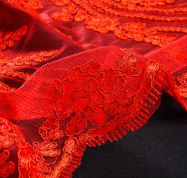 Krajka bordurová na tylu květy/ornament červená