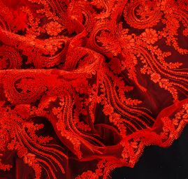 Krajka bordurová na tylu květy/ornament červená