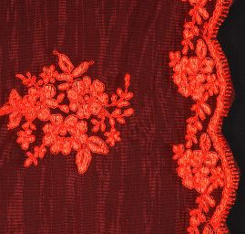 Krajka bordurová na tylu květy/ornament červená