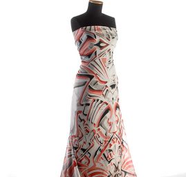 Hedvábný šifon geometrický vzor červenošedobílý