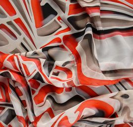 Hedvábný šifon geometrický vzor červenošedobílý