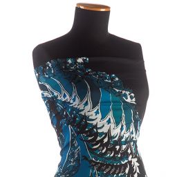 Hedvábný mušelín květinový vzor tyrkys černá