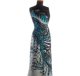 Hedvábný mušelín květinový vzor tyrkys černá