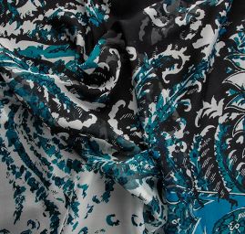 Hedvábný mušelín květinový vzor tyrkys černá