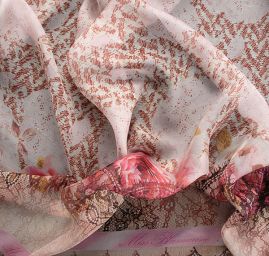 Hedvábný šifon krajkový vzor s květy starorůžový