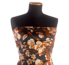 Šatová látka imitace hedvábí vzor květů hnědá