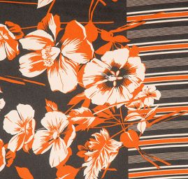 Šatová látka imitace hedvábí vzor květů hnědá