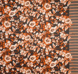 Šatová látka imitace hedvábí vzor květů hnědá