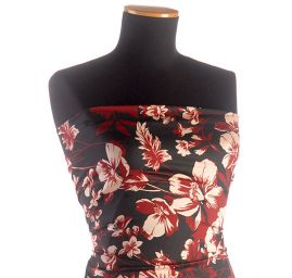 Šatová látka imitace hedvábí vzor květů vínový