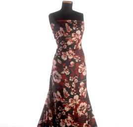 Šatová látka imitace hedvábí vzor květů vínový