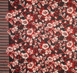 Šatová látka imitace hedvábí vzor květů vínový