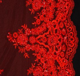 Krajka výšivka na tylu s korálky rokajlem červená