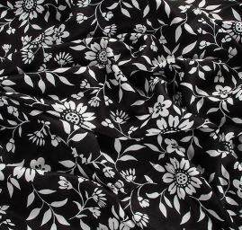 Viskozová šatová látka květy černobílá