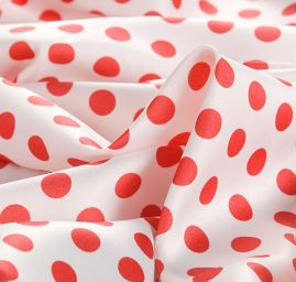 Satén tisk imitace hedvábí puntík červenobílý