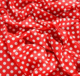 Satén tisk imitace hedvábí puntík bíločervený