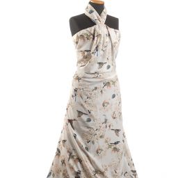 Krepdešín motiv ptáčků/květin slonová kost