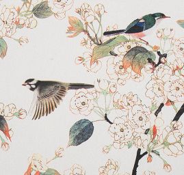Krepdešín motiv ptáčků/květin slonová kost