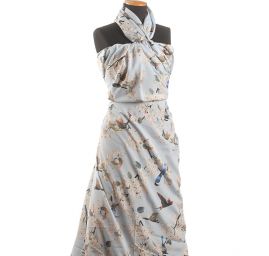 Krepdešín motiv ptáčků/květin sv. modrá