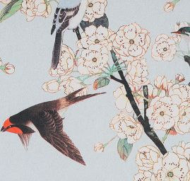 Krepdešín motiv ptáčků/květin sv. modrá