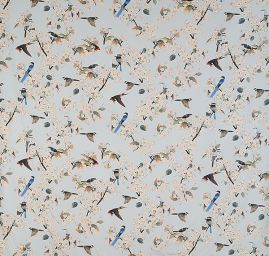 Krepdešín motiv ptáčků/květin sv. modrá