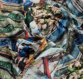 Satén pružný tisk kytice